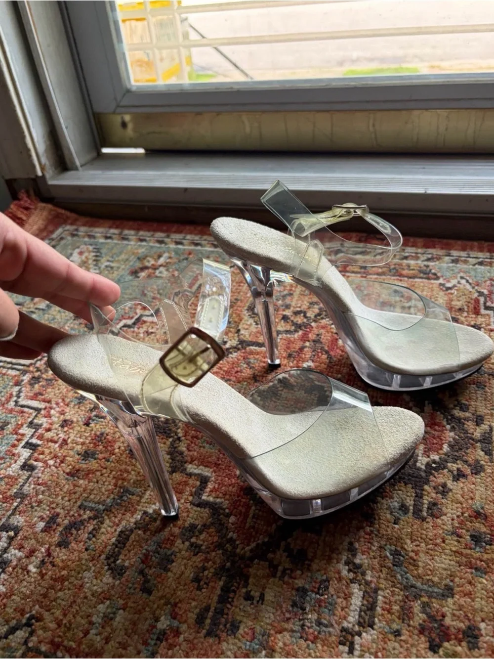 Clear Vinyl Platform High Heel Sandals with Gold Buckle
